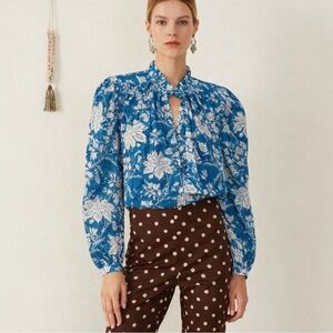 Alix Of Bohemia Annabel Poet Seaflower Blouse Blue and White Blockprint